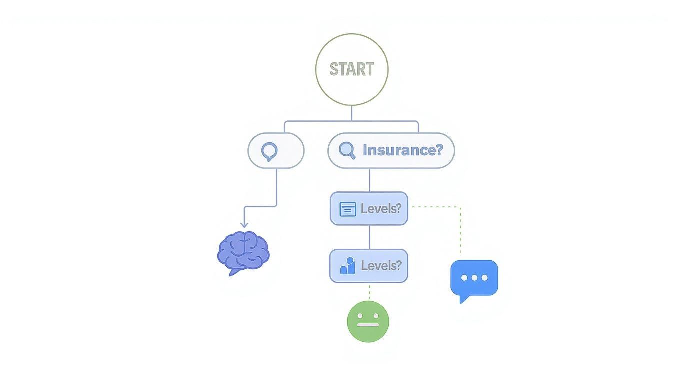 Flowchart diagram showing mental health insurance coverage levels decision tree starting from initial consultation