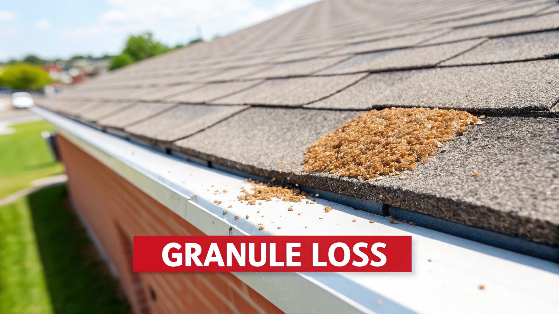 Damaged asphalt roof shingles with granule loss accumulating in white gutter system