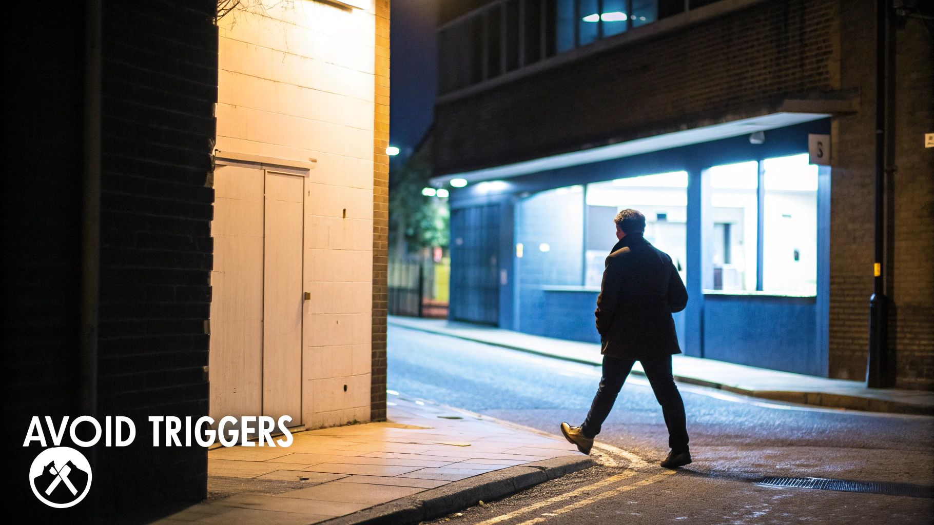A man walks alone on a dimly lit city street at night, embodying the message to avoid triggers.