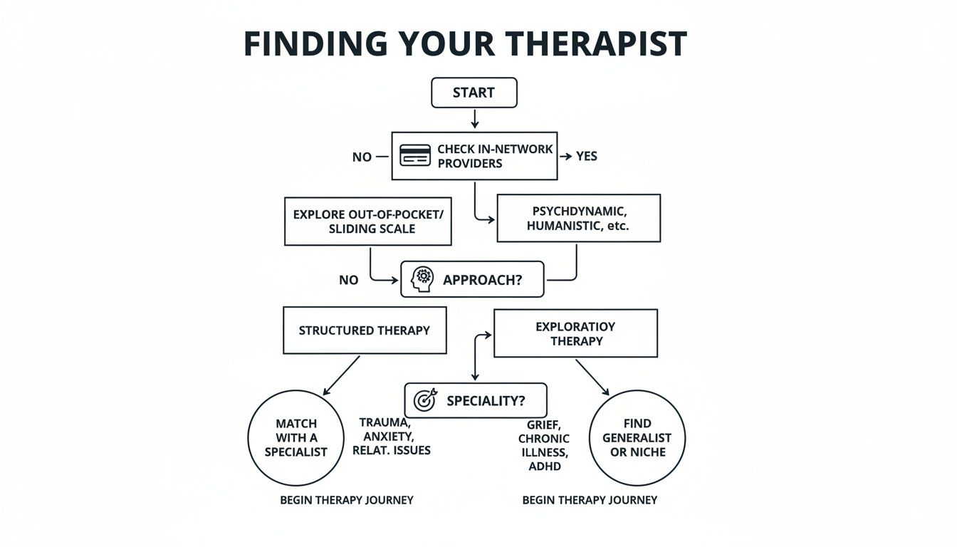 Flowchart guiding users through the process of finding a therapist, considering insurance, approach, and specialty.