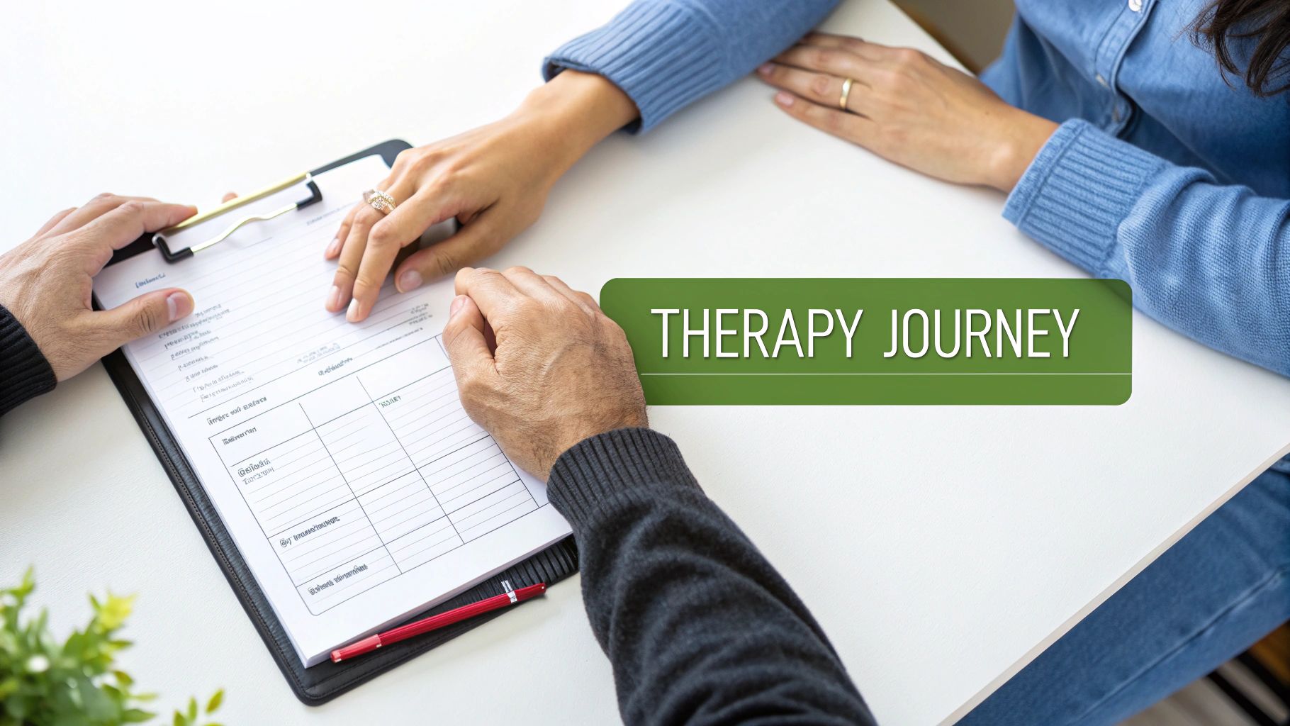 Two people discussing a document on a clipboard during a session, with 'THERAPY JOURNEY' text.