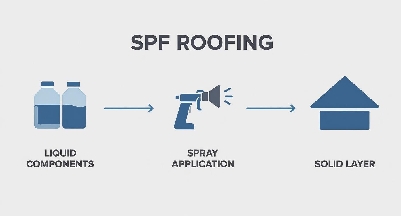 Diagram illustrating the SPF roofing process: liquid components, spray application, forming a solid layer on a roof.