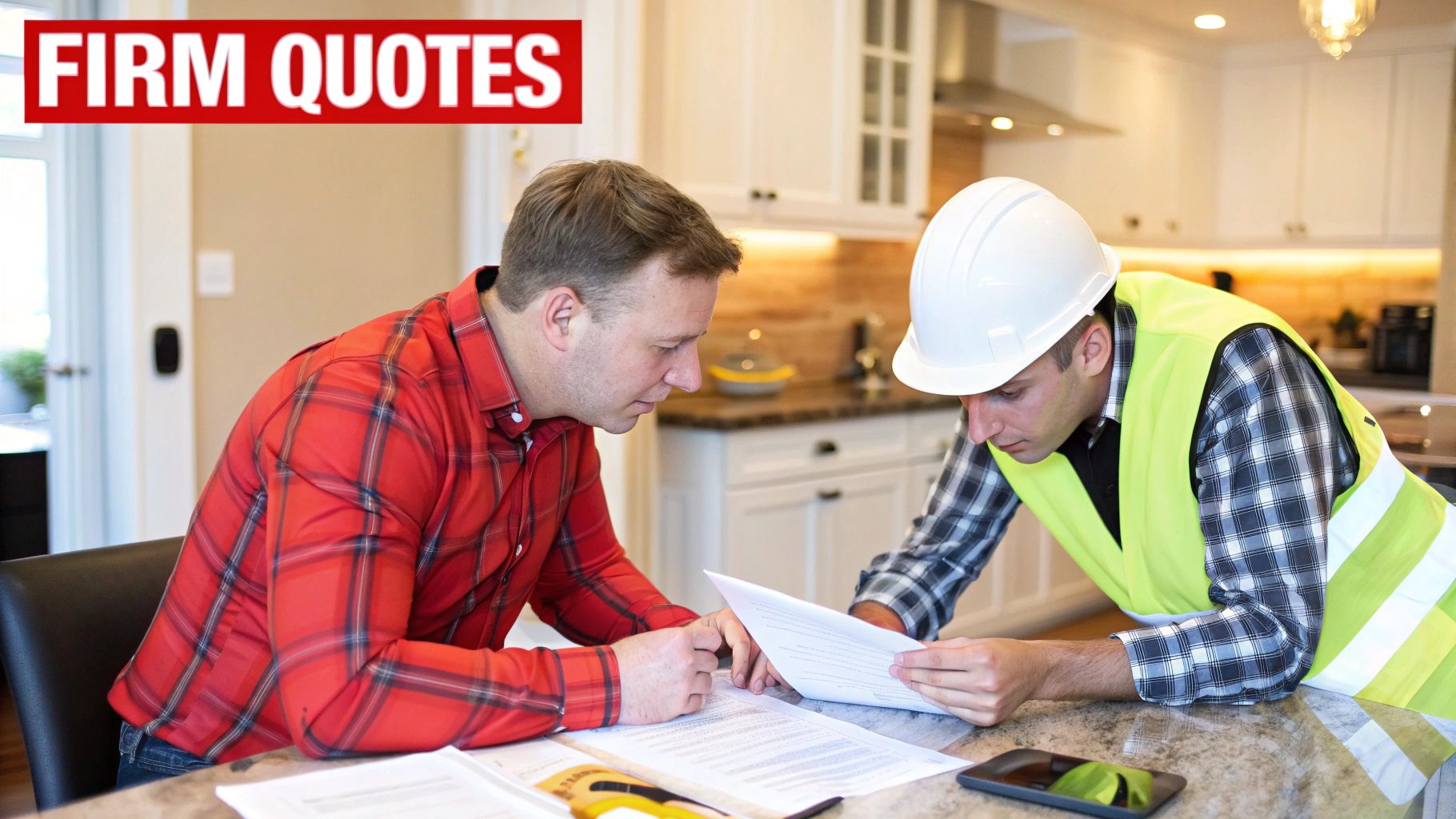 A homeowner reviewing a detailed roofing quote with a professional contractor on a tablet.