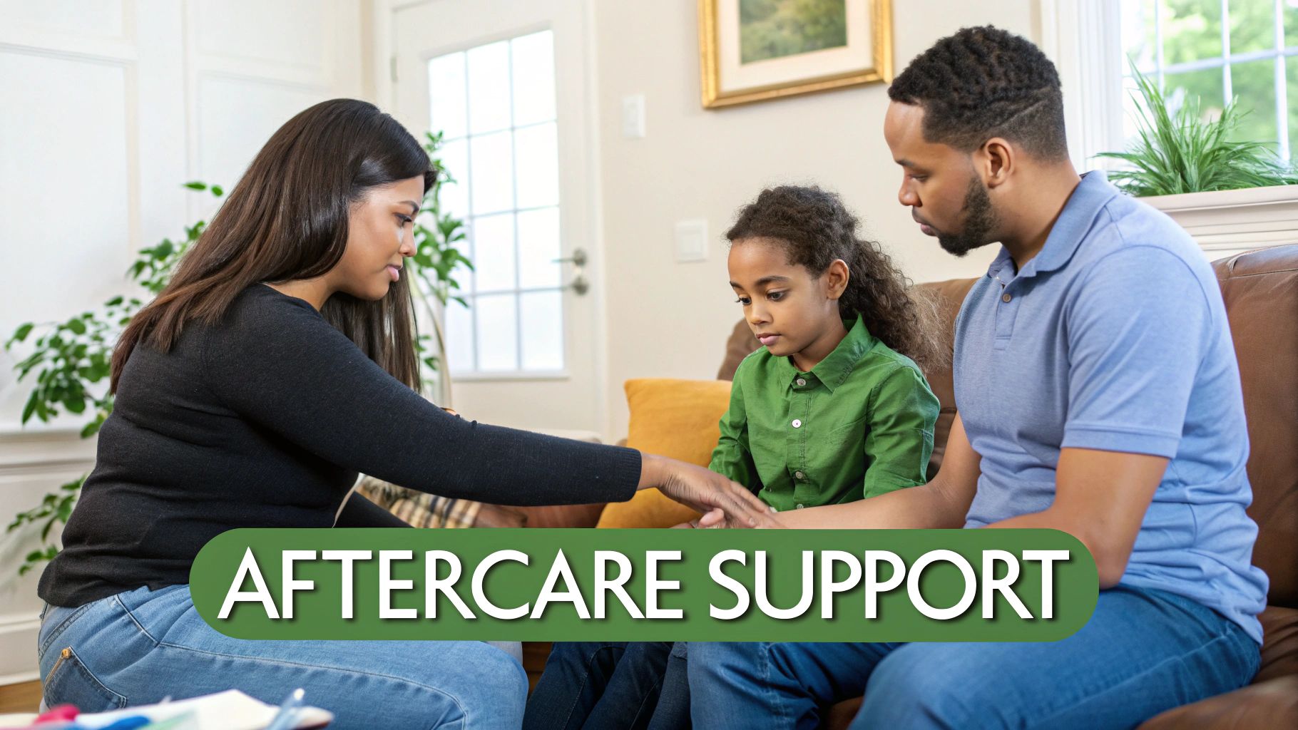 A professional woman provides aftercare support to a father and his young daughter.