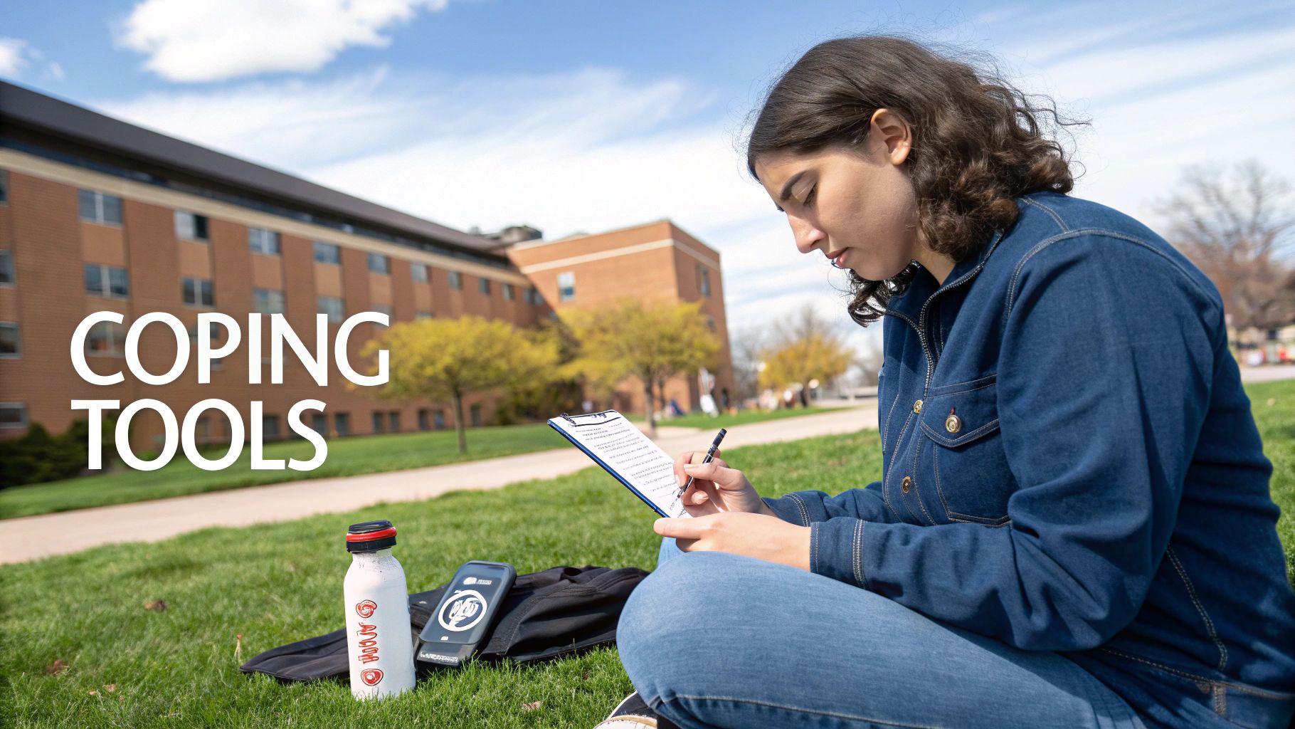 A college student sits on grass, writing on a clipboard outdoors on a sunny campus day.