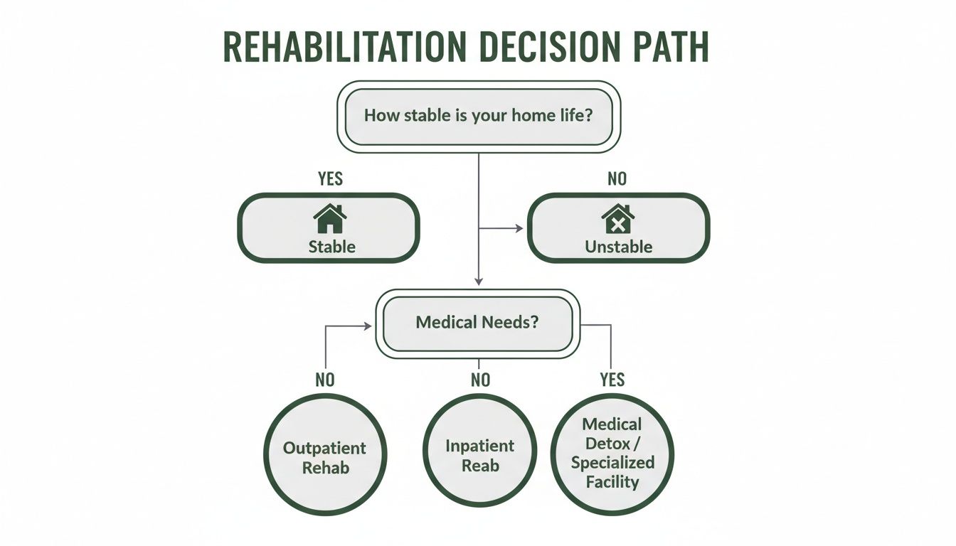 Flowchart illustrating the rehabilitation decision path based on home life stability and medical needs.