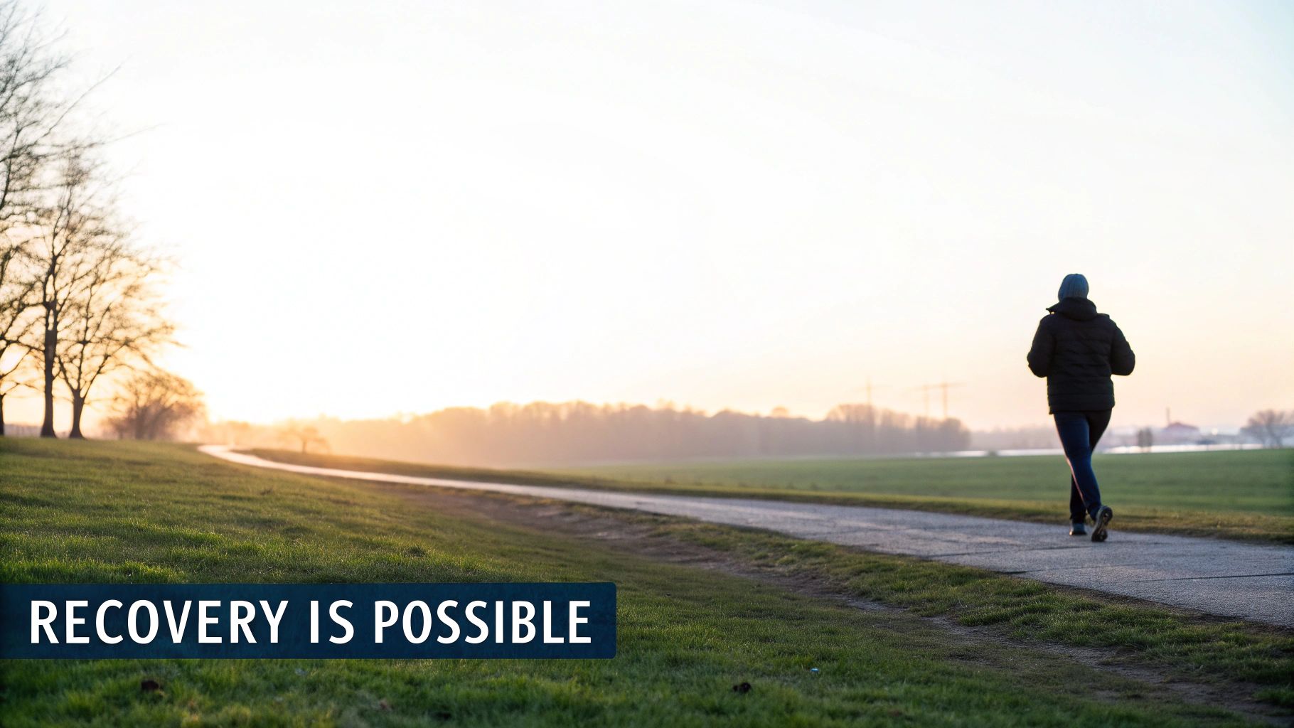 A person walks along a path in a field at sunrise, with text 'RECOVERY IS POSSIBLE'.