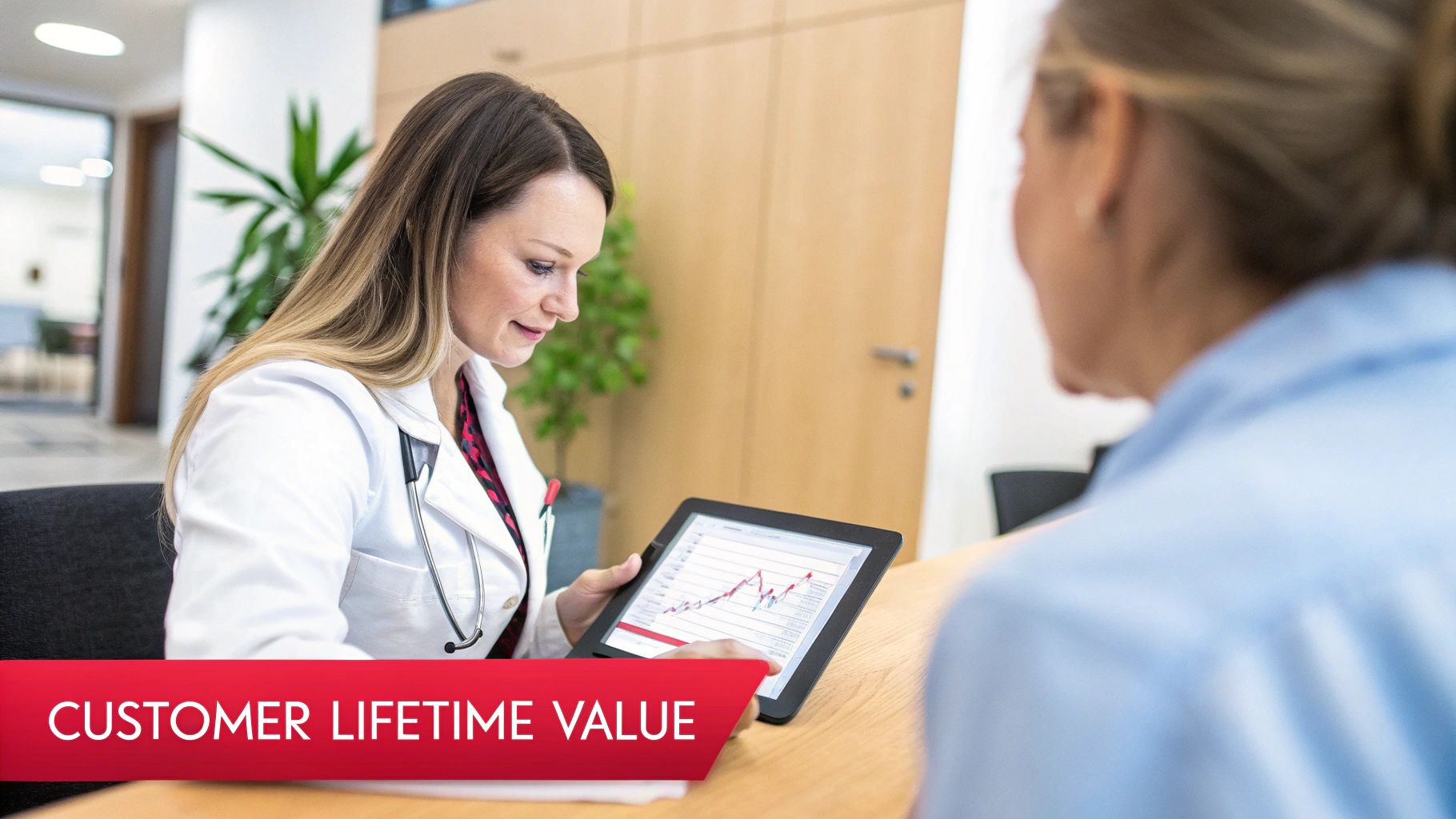 Female doctor shows patient a customer lifetime value graph on a tablet in a clinic.