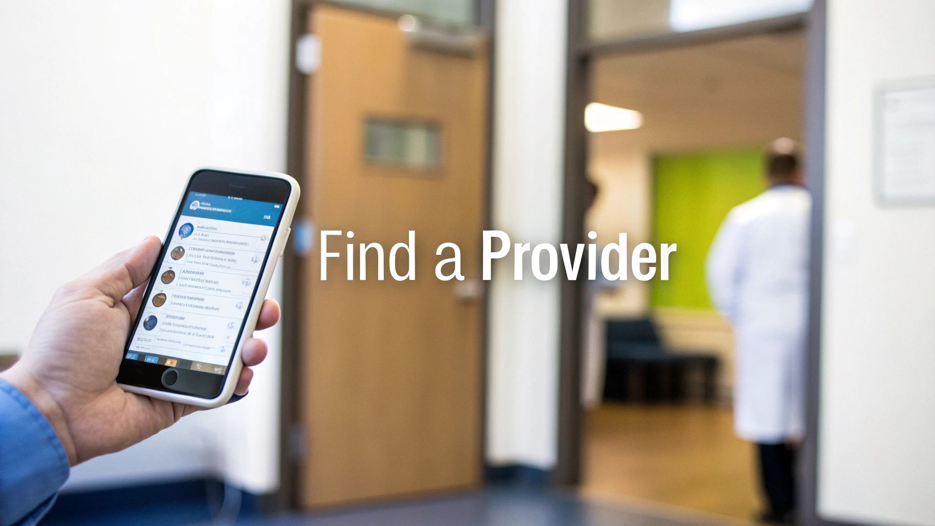 A hand holds a smartphone displaying a 'Find a Provider' app in a hospital setting.