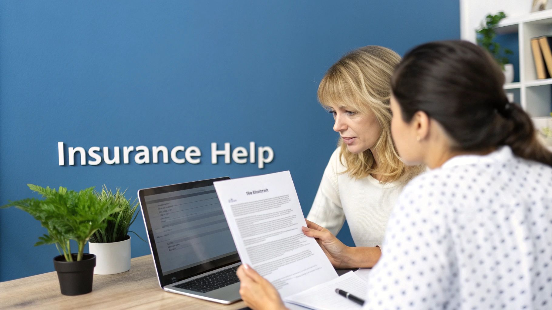 Two women consult on insurance documents and a laptop, seeking professional help.