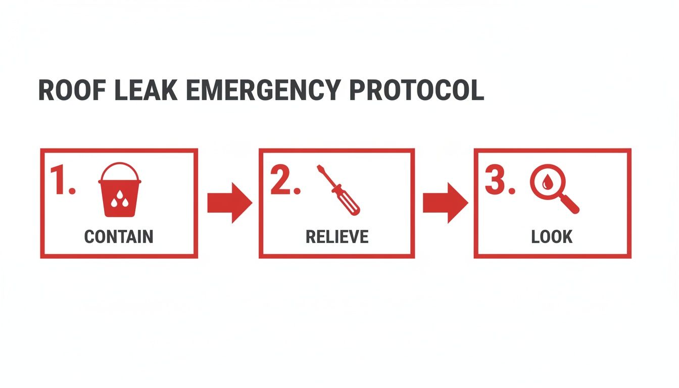 Diagram illustrating a 3-step roof leak emergency protocol: contain, relieve, and look.