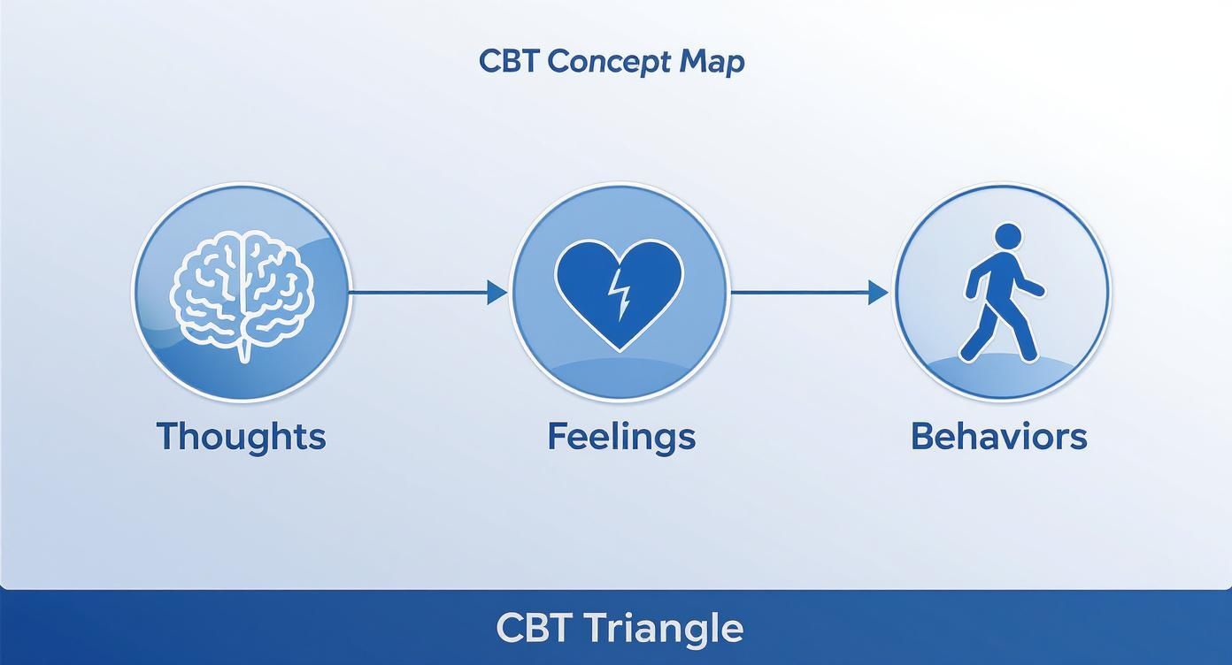 A CBT concept map illustrating the connection between thoughts, feelings, and behaviors.
