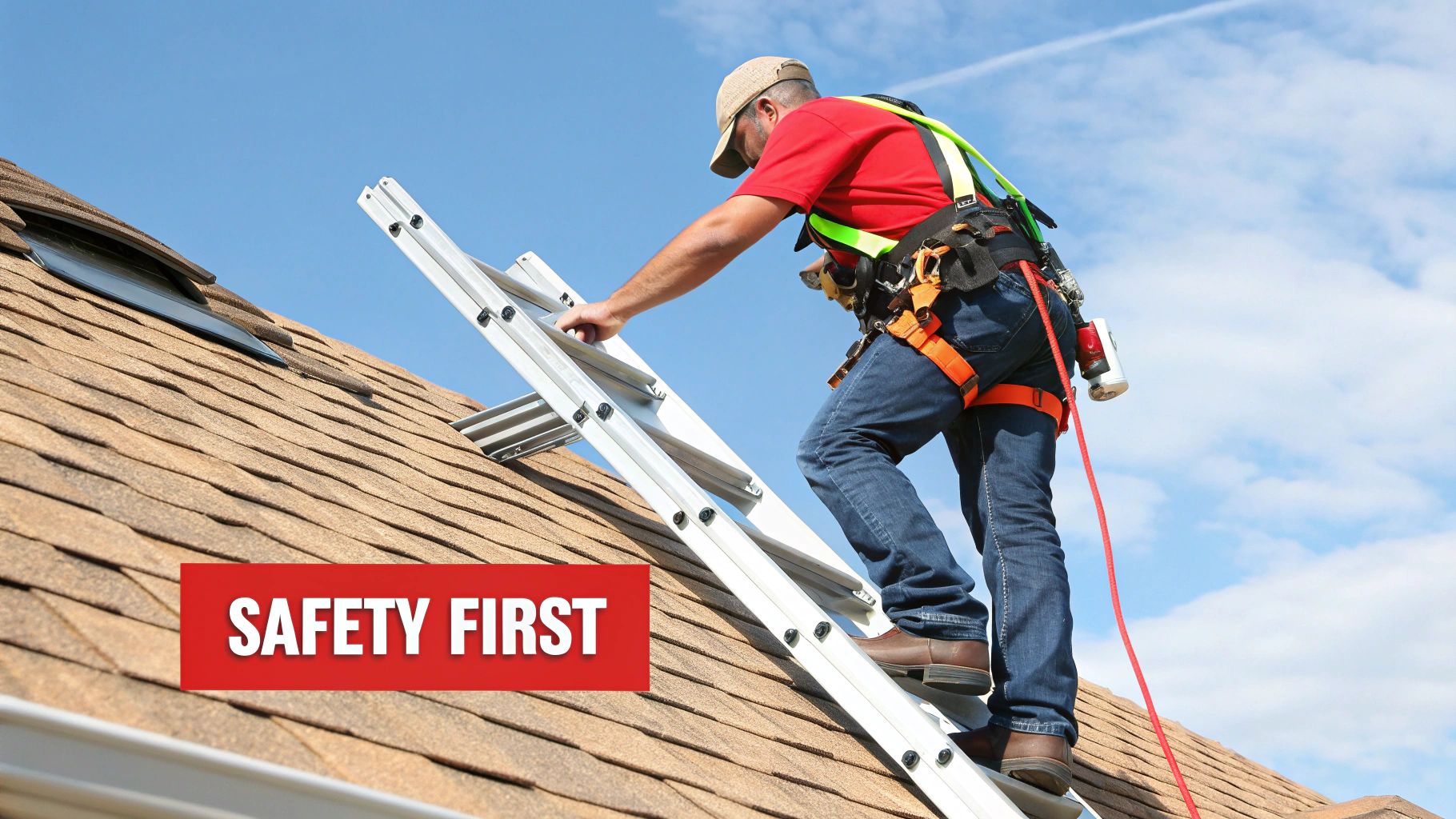 A person safely inspecting a roof with proper safety gear.