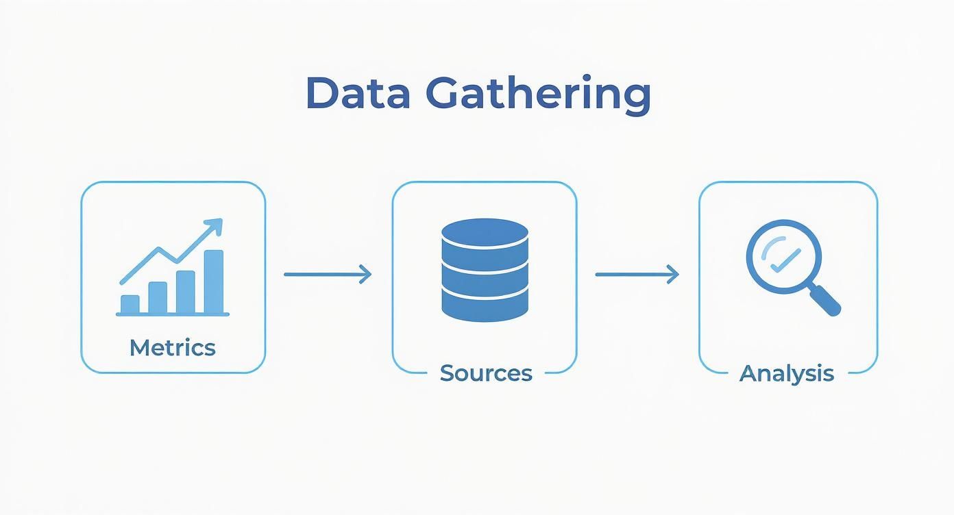 Flowchart illustrating data gathering: metrics, data sources (database icon), and analysis (magnifying glass).
