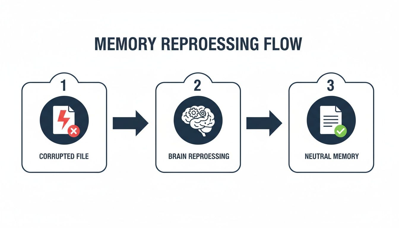 Flowchart illustrating memory reprocessing steps: corrupted file to neutral memory via brain activity.