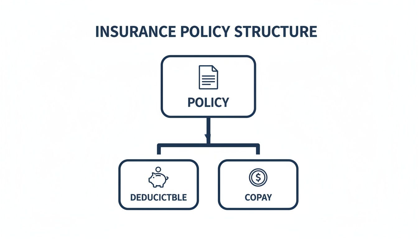 A flowchart illustrates the structure of an insurance policy, including deductible and copay.