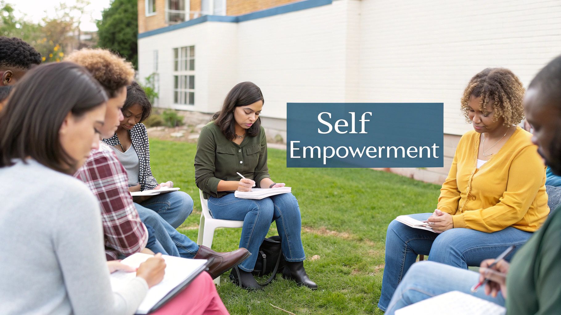 Diverse adults participate in an outdoor self-empowerment group, writing in notebooks and listening intently.