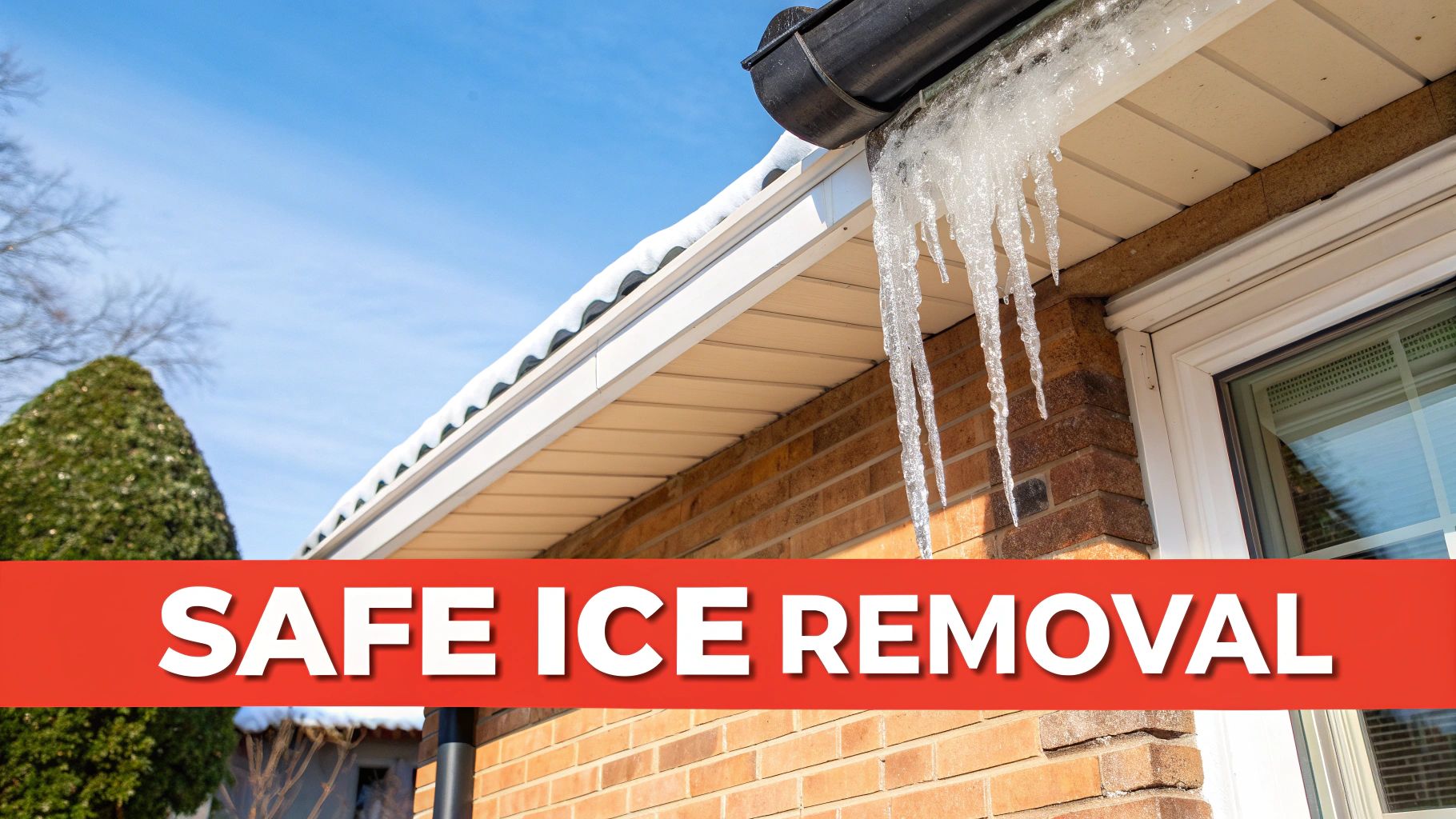 Long icicles dangle from a roof and gutter over a brick wall, with a "SAFE ICE REMOVAL" banner.