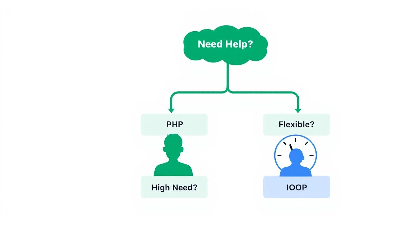 A compassionate therapist explains treatment options to a patient in a bright, welcoming office.