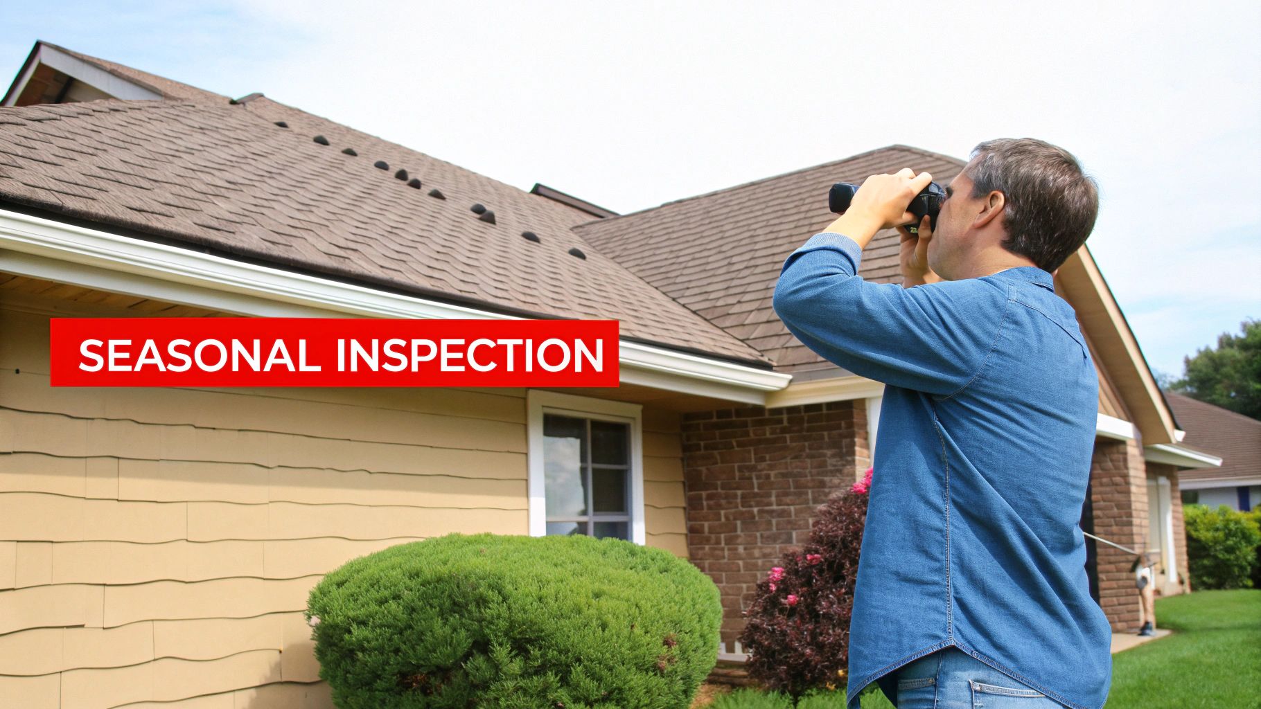 A person using binoculars to inspect a residential roof from the ground.