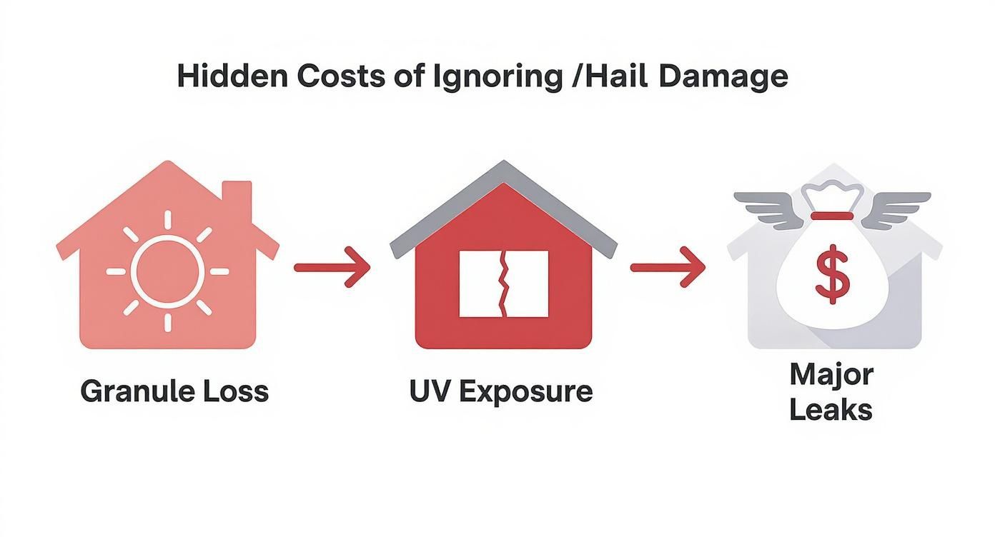 Infographic showing the process of how ignored hail damage leads to major costs, starting with granule loss, then UV exposure, and finally major leaks.
