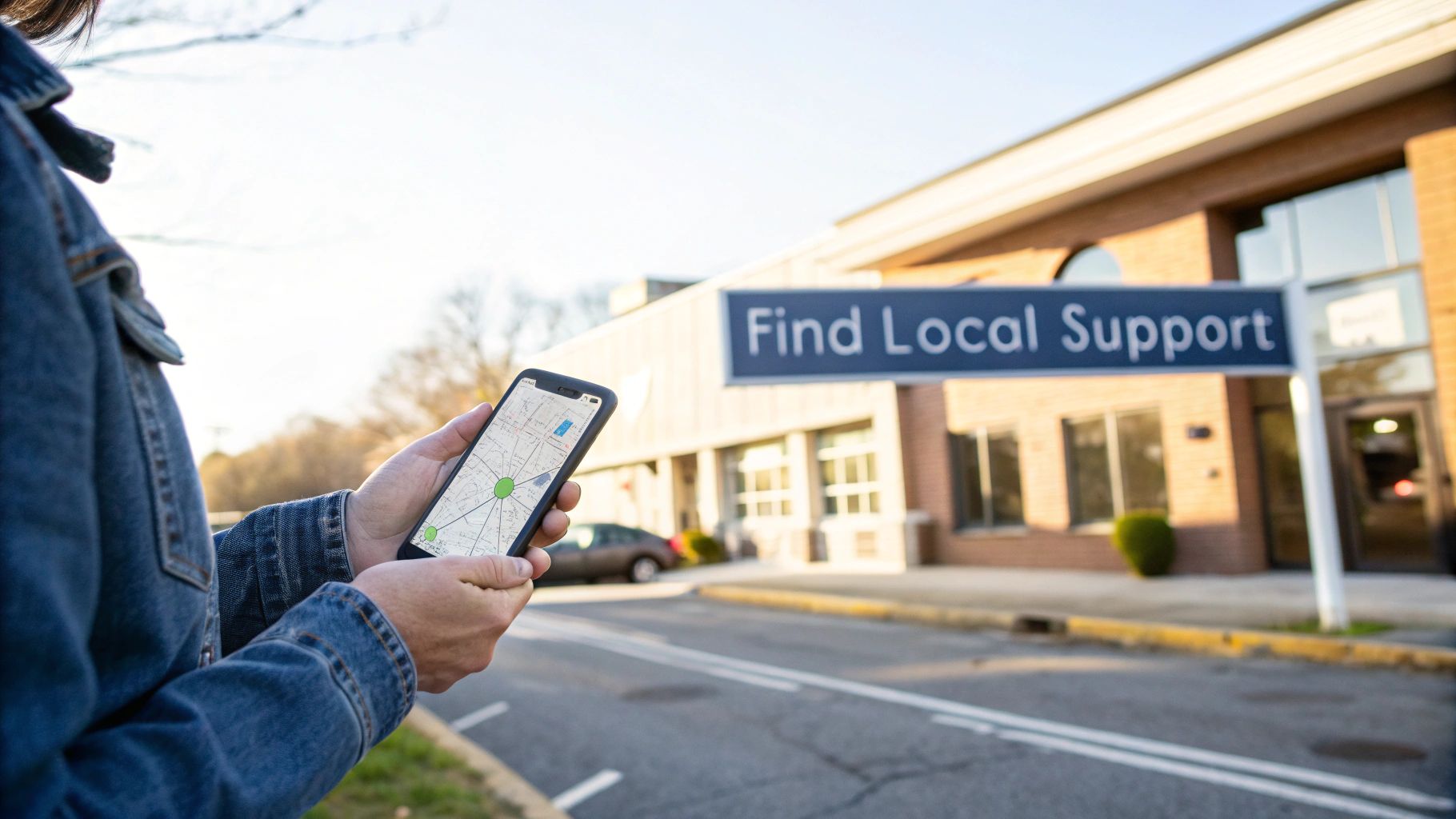 Person using smartphone map app to find local mental health support services building