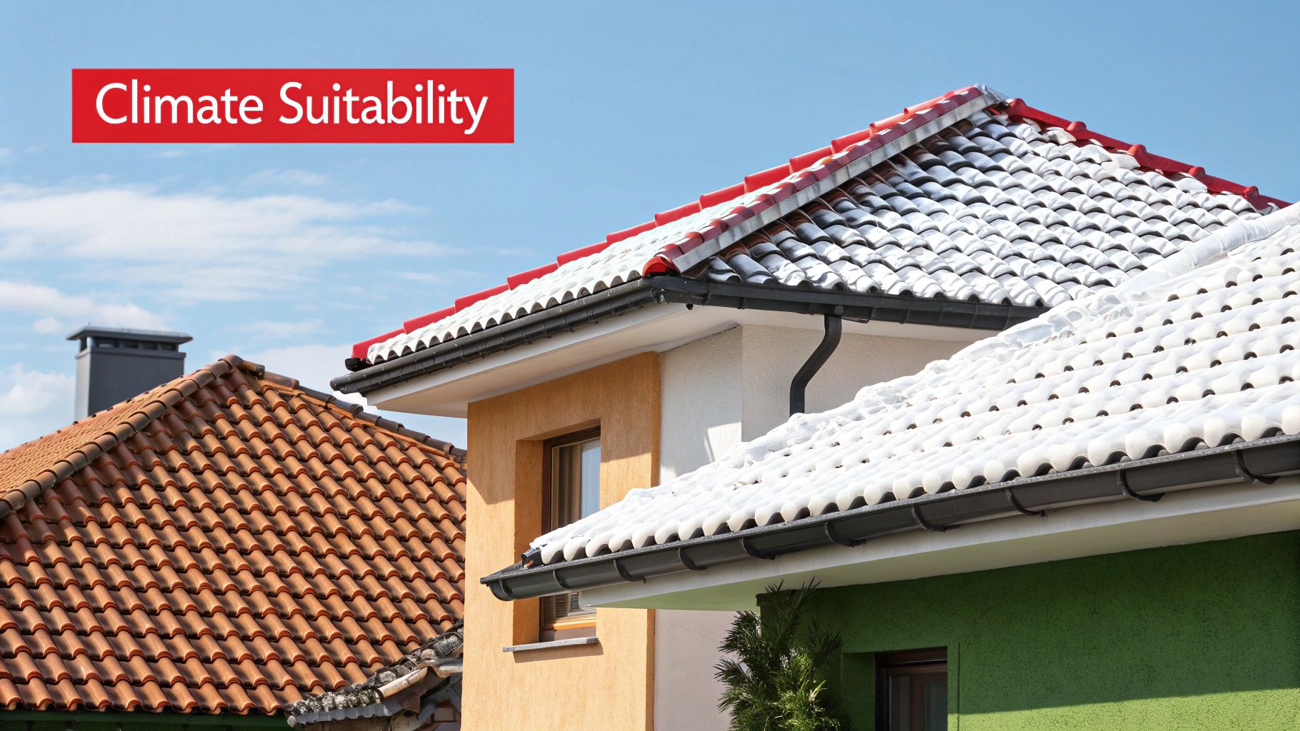 Two houses showcasing tiled roofs, one covered in snow, highlighting climate suitability.