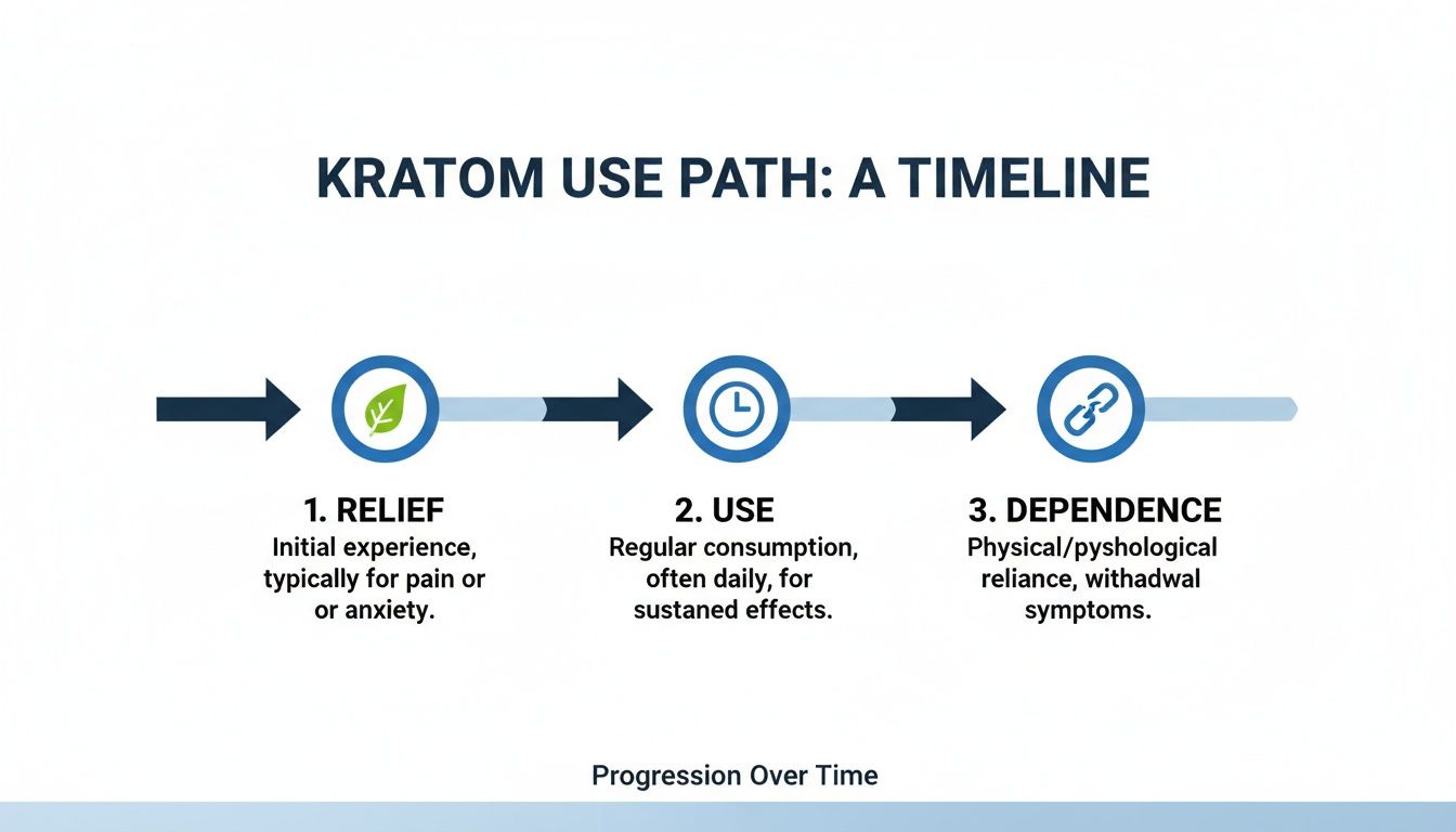 Timeline illustrating the progression of Kratom use from initial relief to dependence over time.