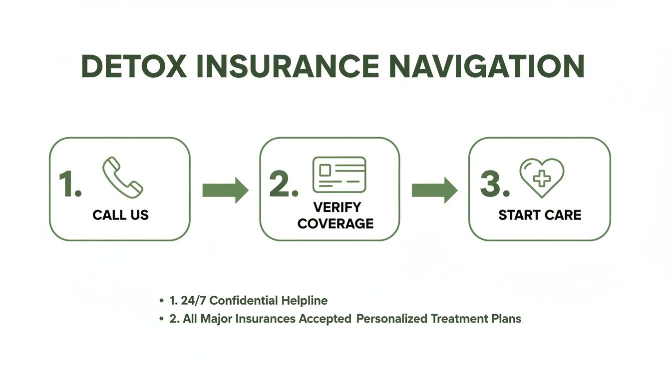 A three-step guide to detox insurance navigation: Call Us, Verify Coverage, Start Care.