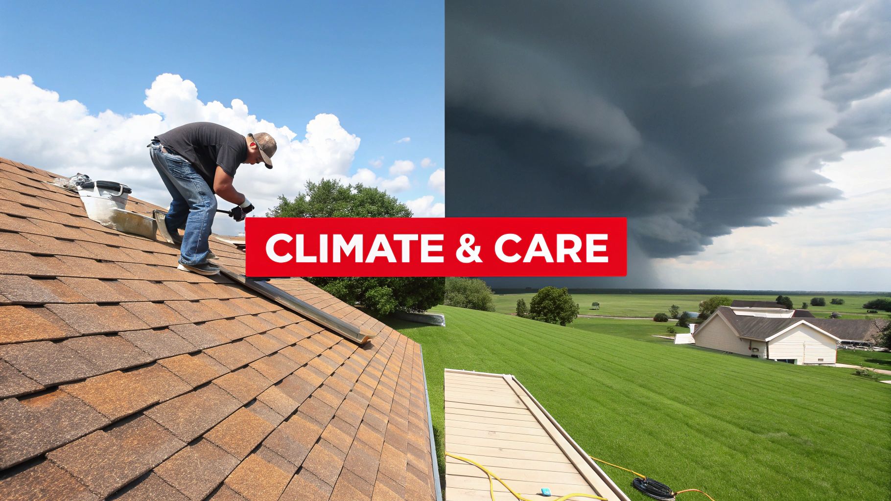 A split image showing a roofer under a clear sky and a landscape under stormy clouds, with 'CLIMATE & CARE'.