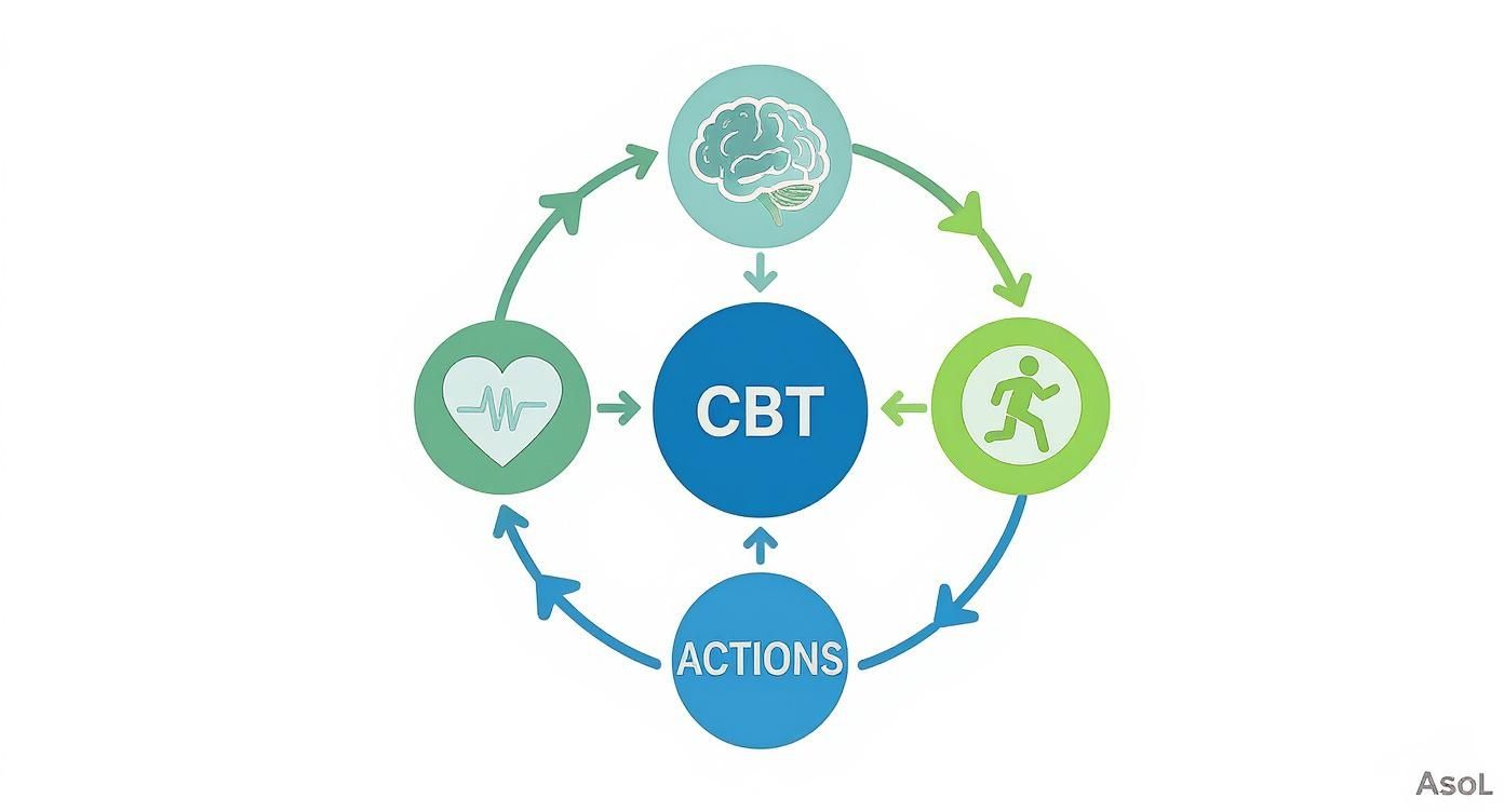 Cognitive behavioral therapy diagram showing interconnected cycle of thoughts, emotions, physical sensations, behaviors and actions