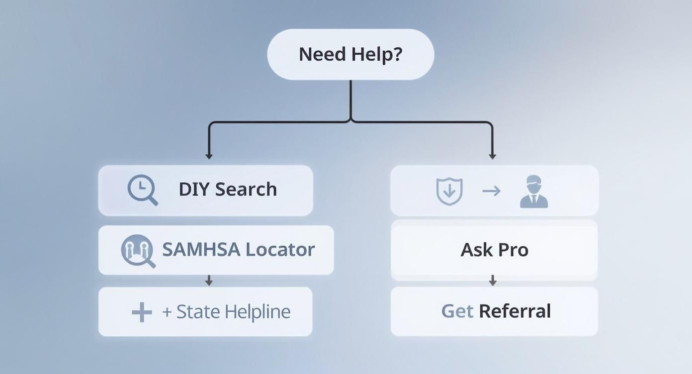 A flowchart illustrating two ways to get help: DIY Search (SAMHSA Locator, State Helpline) or Ask Pro (Get Referral).