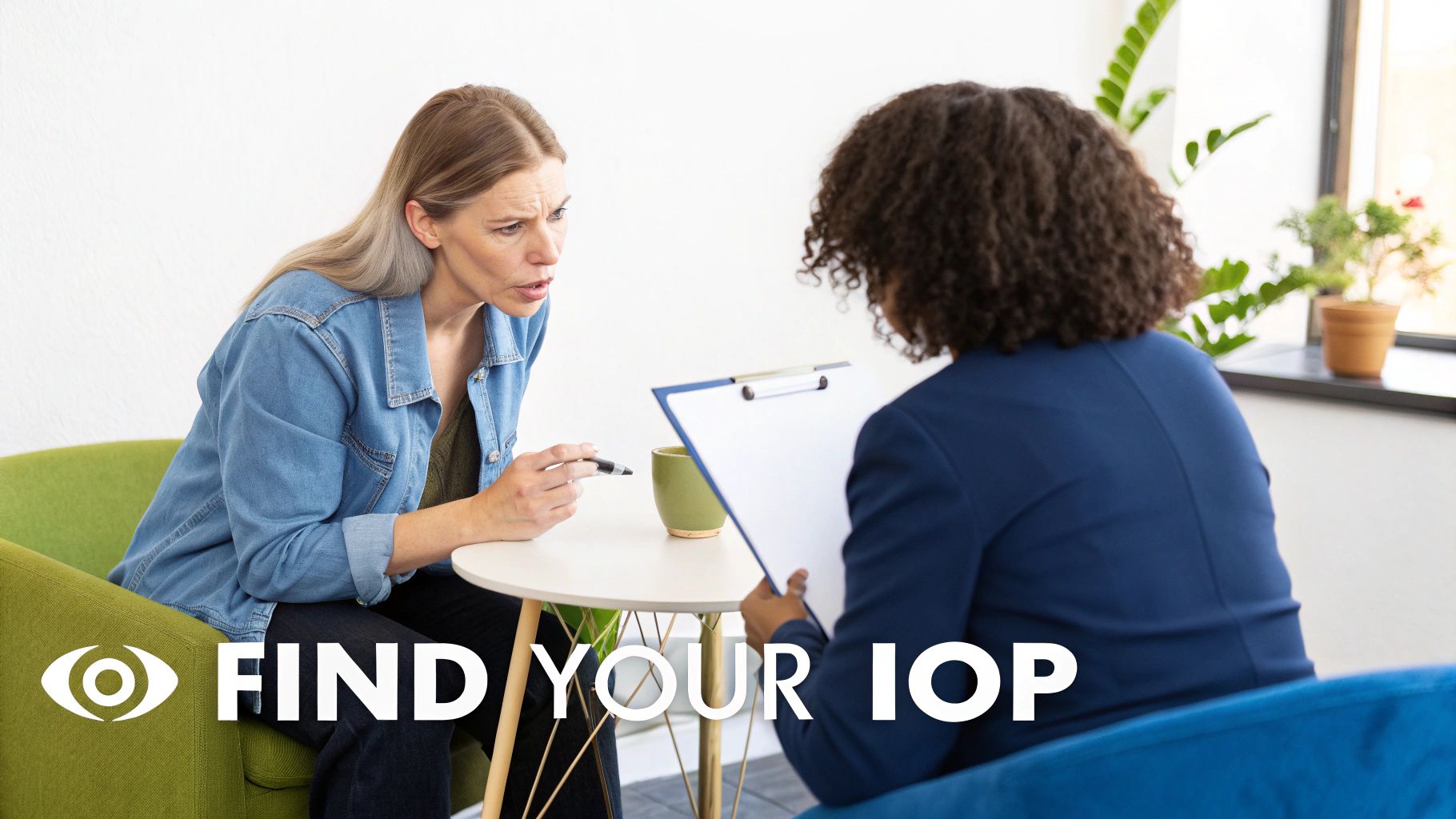 Two women in a serious discussion, one expressing concern to a professional holding a clipboard.