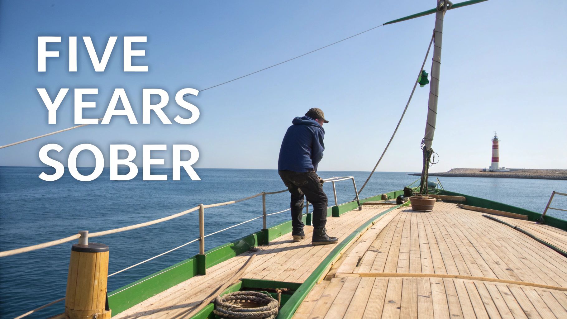 A real person standing on the deck of a boat, looking out at the vast ocean, symbolizing the achievement and forward-looking perspective of reaching five years sober.