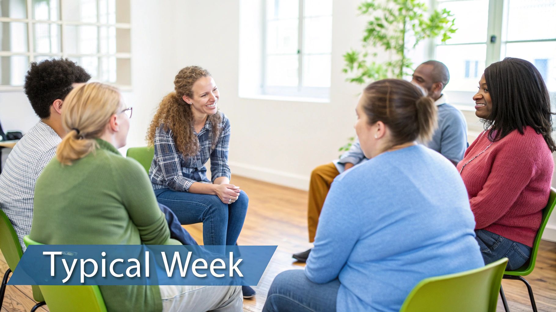 A diverse group of people sitting in a circle during a therapy session, actively listening to one another.