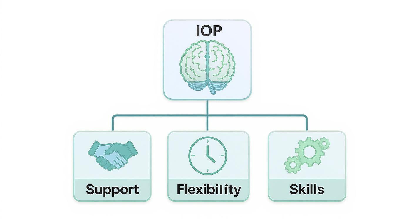 Diagram illustrating IOP with a brain icon, connected to Support (handshake), Flexibility (clock), and Skills (gears).
