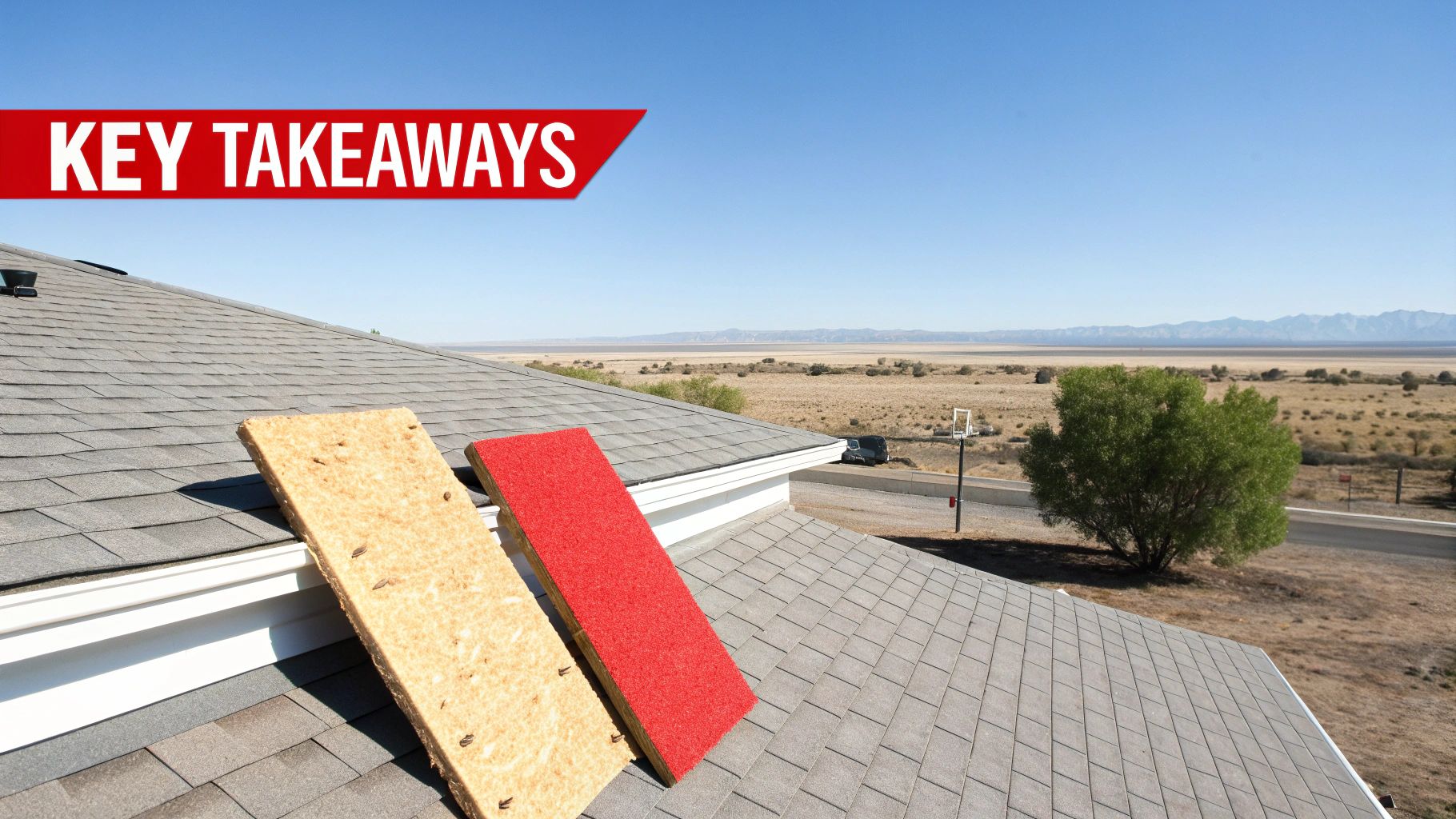 Roof material samples on a grey shingle roof overlooking a vast desert landscape with mountains.