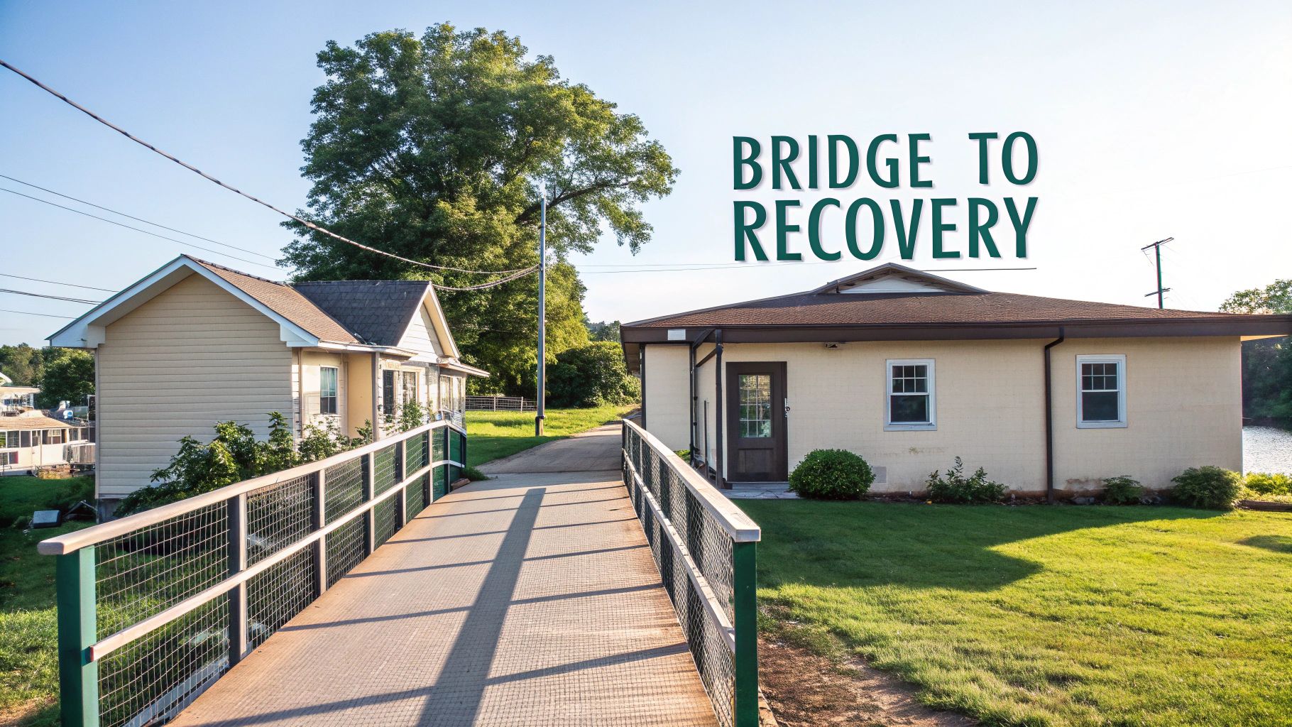 A sunny view of a pedestrian bridge leading to a building with 'Bridge to Recovery' text.