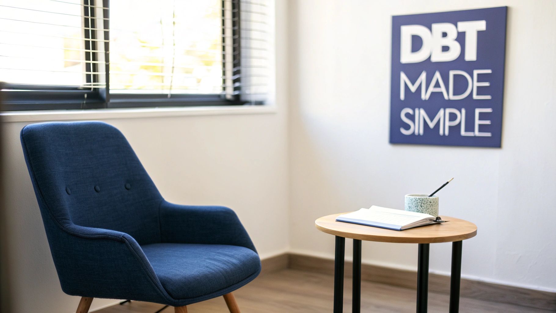 A person sitting calmly on a dock over a peaceful lake, representing the emotional balance DBT aims to achieve.