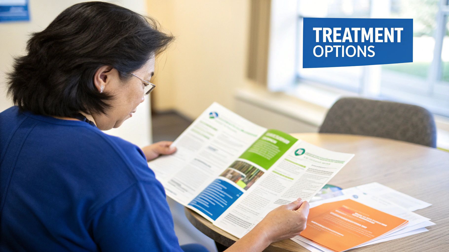 A person at a crossroads in a forest, looking at two different paths, symbolizing the choice of a treatment journey.
