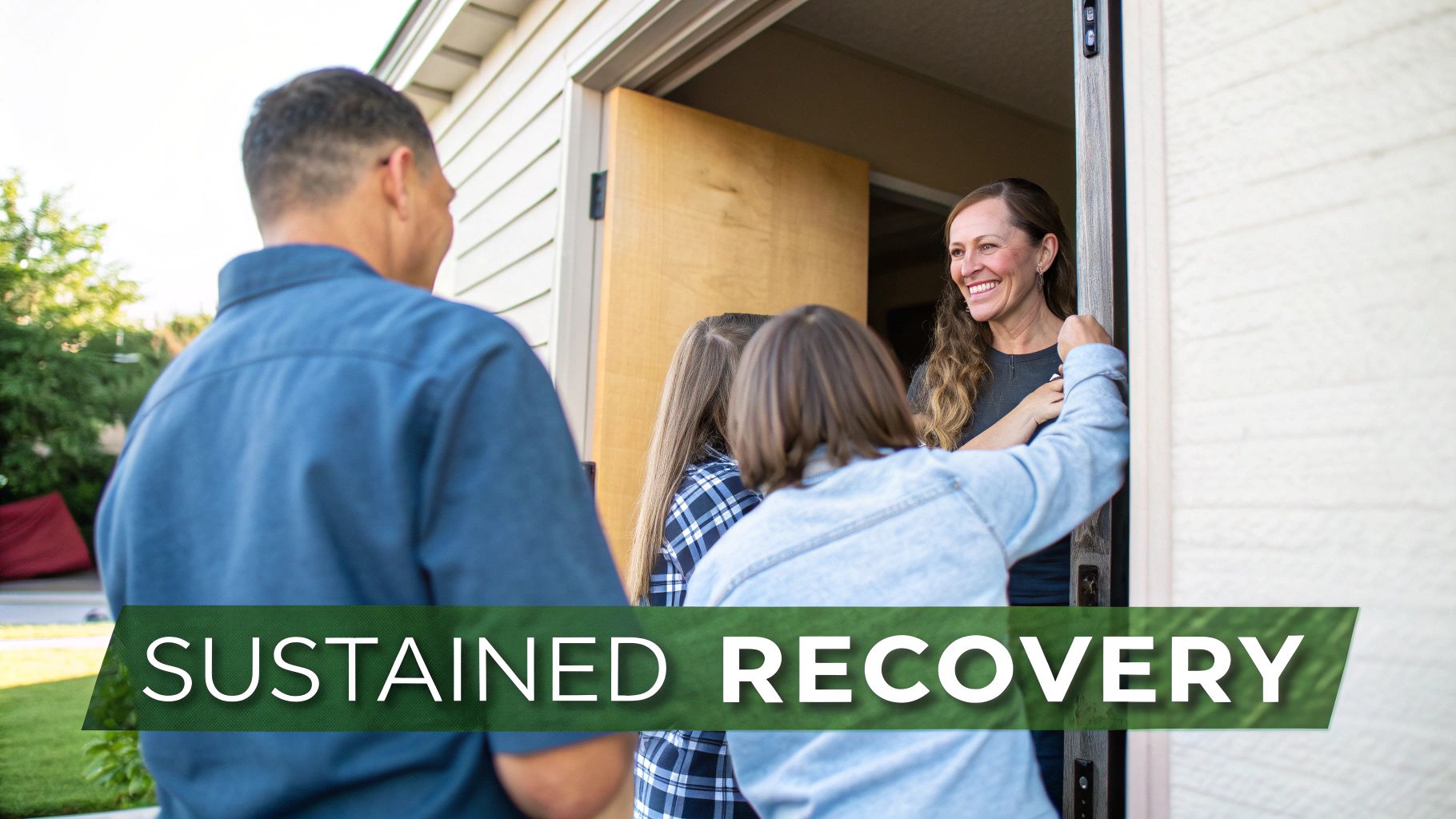 Smiling woman greets a family at their home's front door with 'Sustained Recovery' overlay.