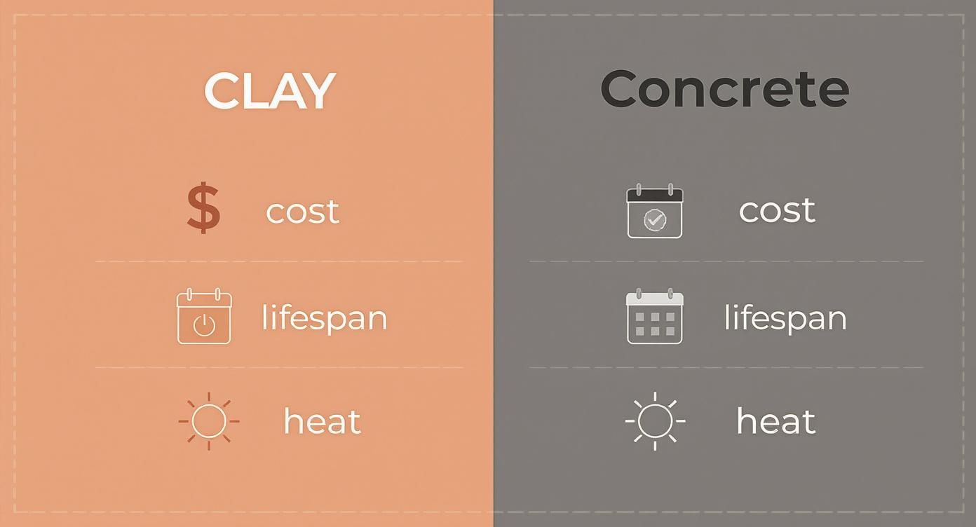 Comparison chart showing clay versus concrete roof tiles cost, lifespan, and heat properties