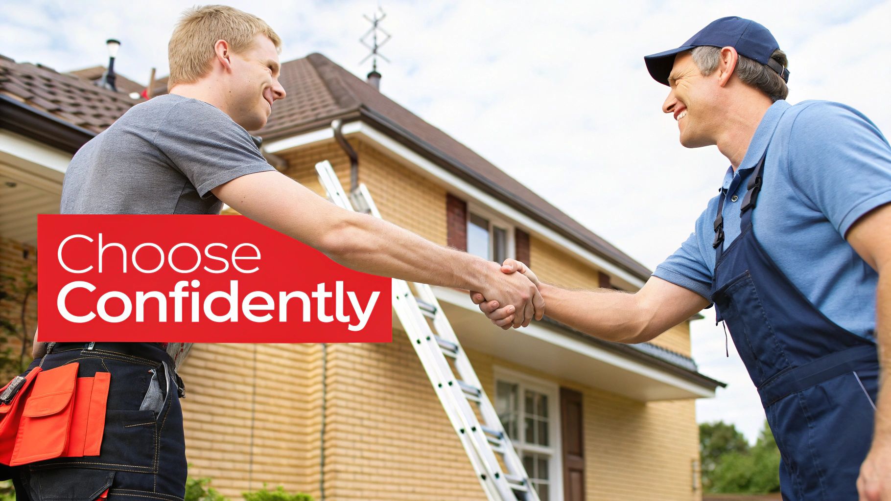 A homeowner confidently shaking hands with a roofing contractor in front of their house.