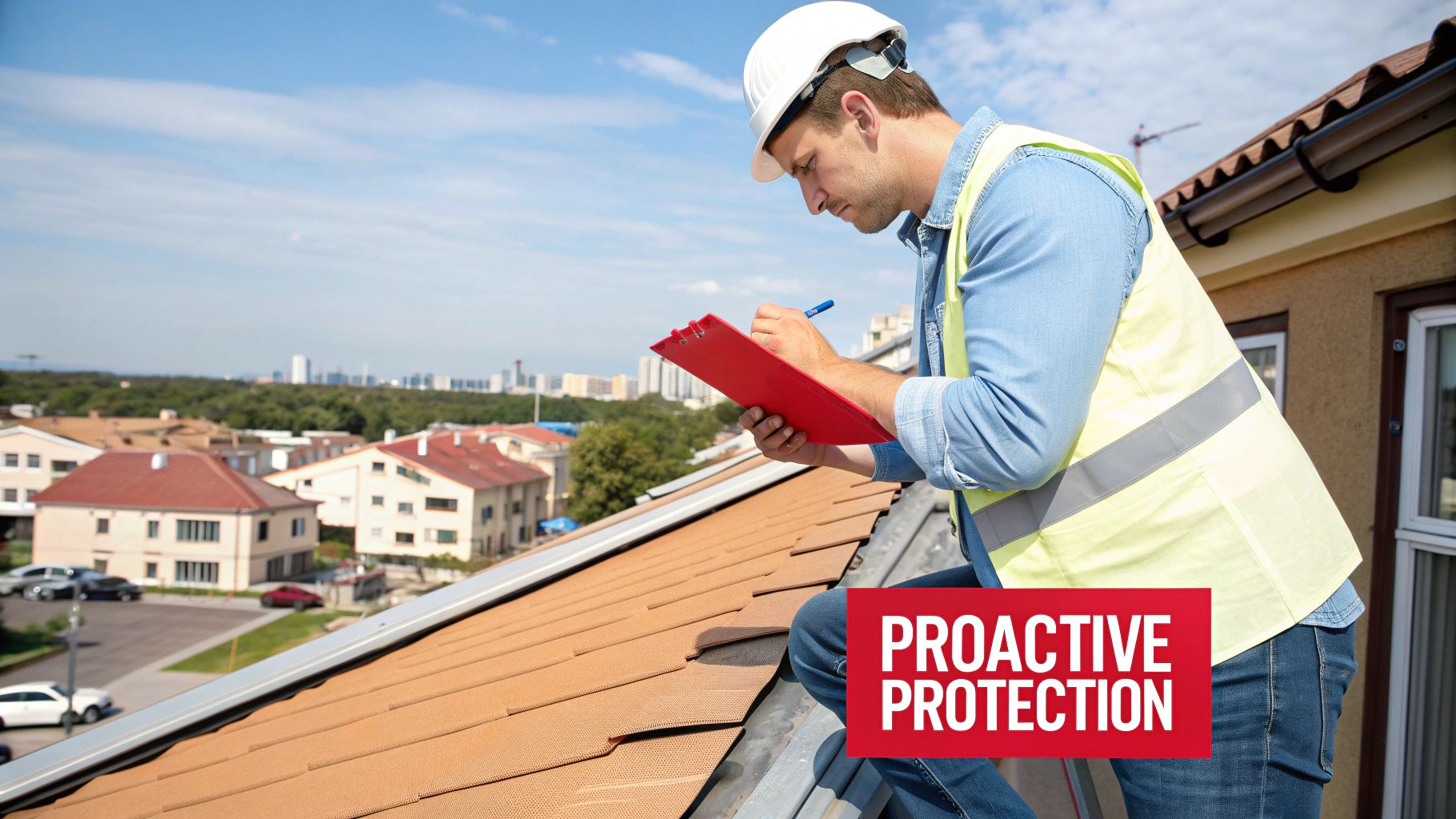 A professional inspecting a large commercial flat roof with specialized tools.
