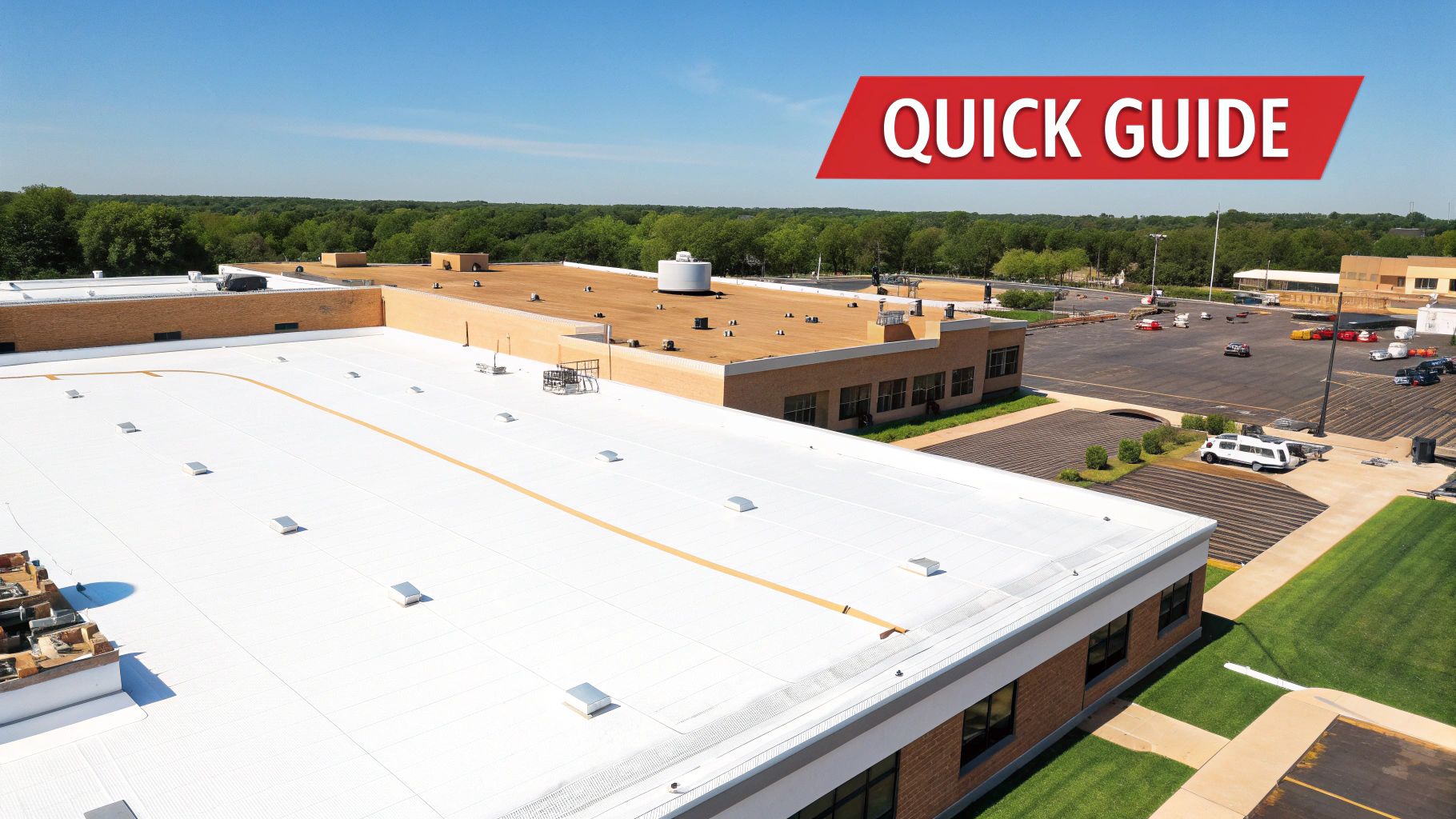 A clean commercial roof with icons highlighting benefits like waterproofing and energy savings.