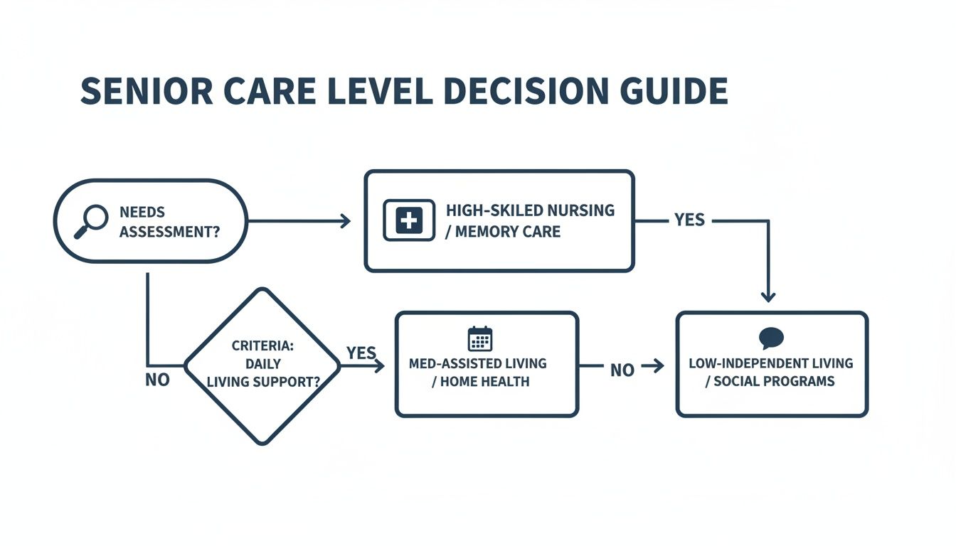 A senior care level decision guide flowchart illustrating paths from needs assessment to various care options.