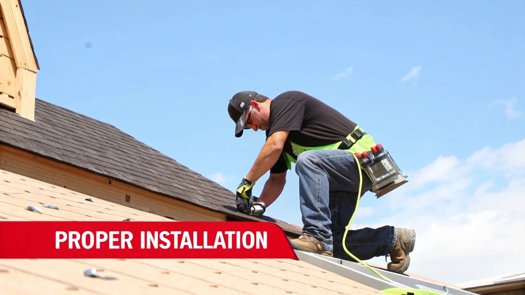 Two roofing contractors carefully laying down and securing underlayment on a roof deck.