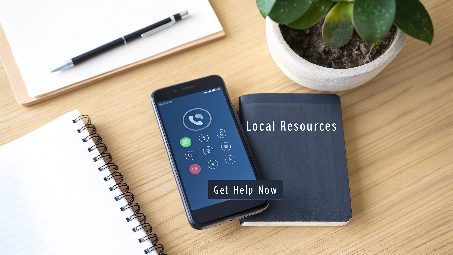 Smartphone displaying a call screen on a desk with a 'Local Resources' notebook and 'Get Help Now' button.
