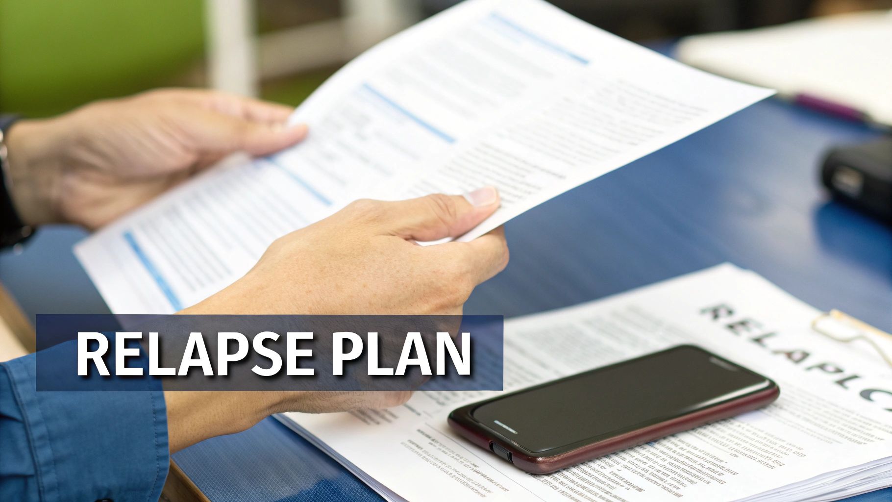 A person's hands hold a document, with a 'RELAPSE PLAN' document and smartphone on a blue desk.