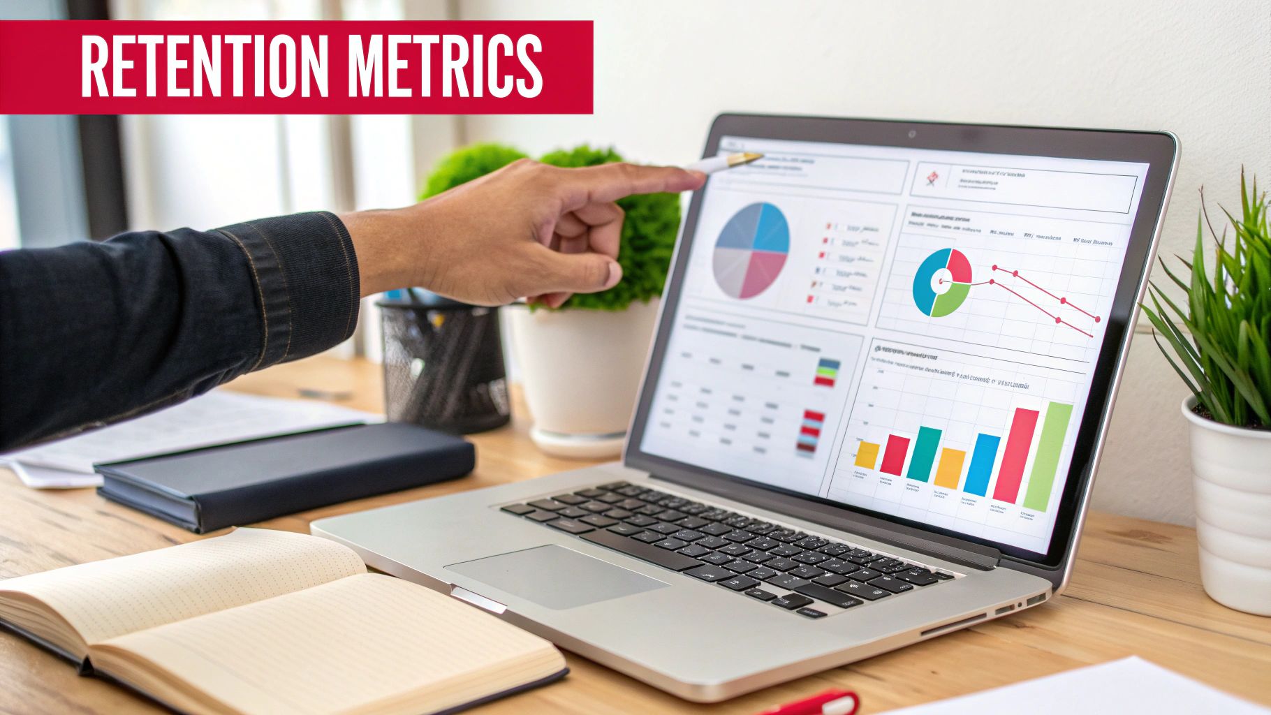 How to Improve Customer Retention Business professional pointing at customer retention metrics dashboard displaying colorful charts and graphs on laptop screen